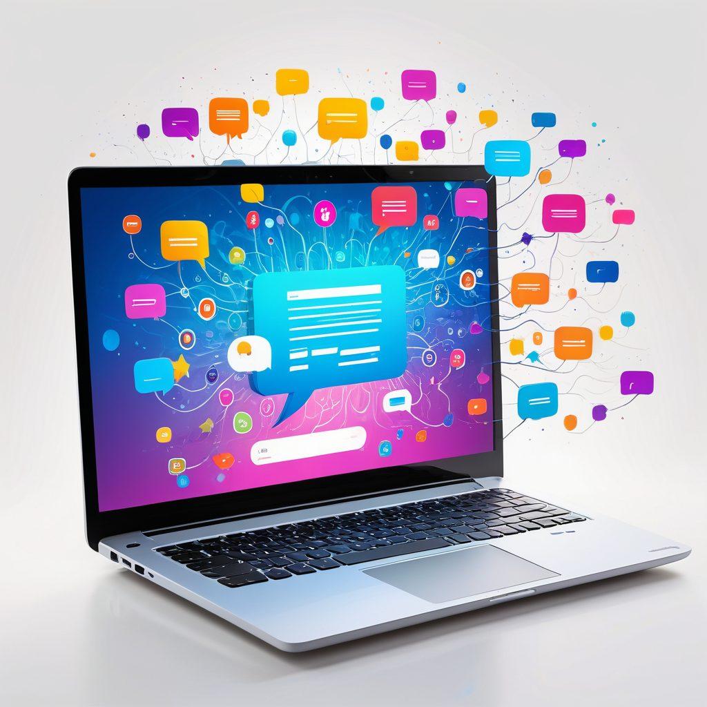 A vibrant, colorful illustration of an open laptop with a glowing keyboard, surrounded by floating speech bubbles filled with tips and ideas. In the background, a diverse group of people raised their voices in excitement, sharing their blogging aspirations. Emphasize creativity, communication, and connection. super-realistic. vibrant colors. white background.