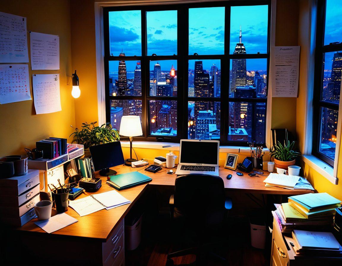 A lively workspace filled with vibrant colors, showcasing a passionate writer at a desk immersed in creating engaging content. Surrounding the writer are notes with creative ideas, a glowing computer screen displaying the title 'From Passion to Publication', and coffee cups scattered about. The atmosphere is electric with inspiration, featuring a window view of a bustling city to represent growth and opportunity. The overall style should be super-realistic with a warm, inviting ambiance.