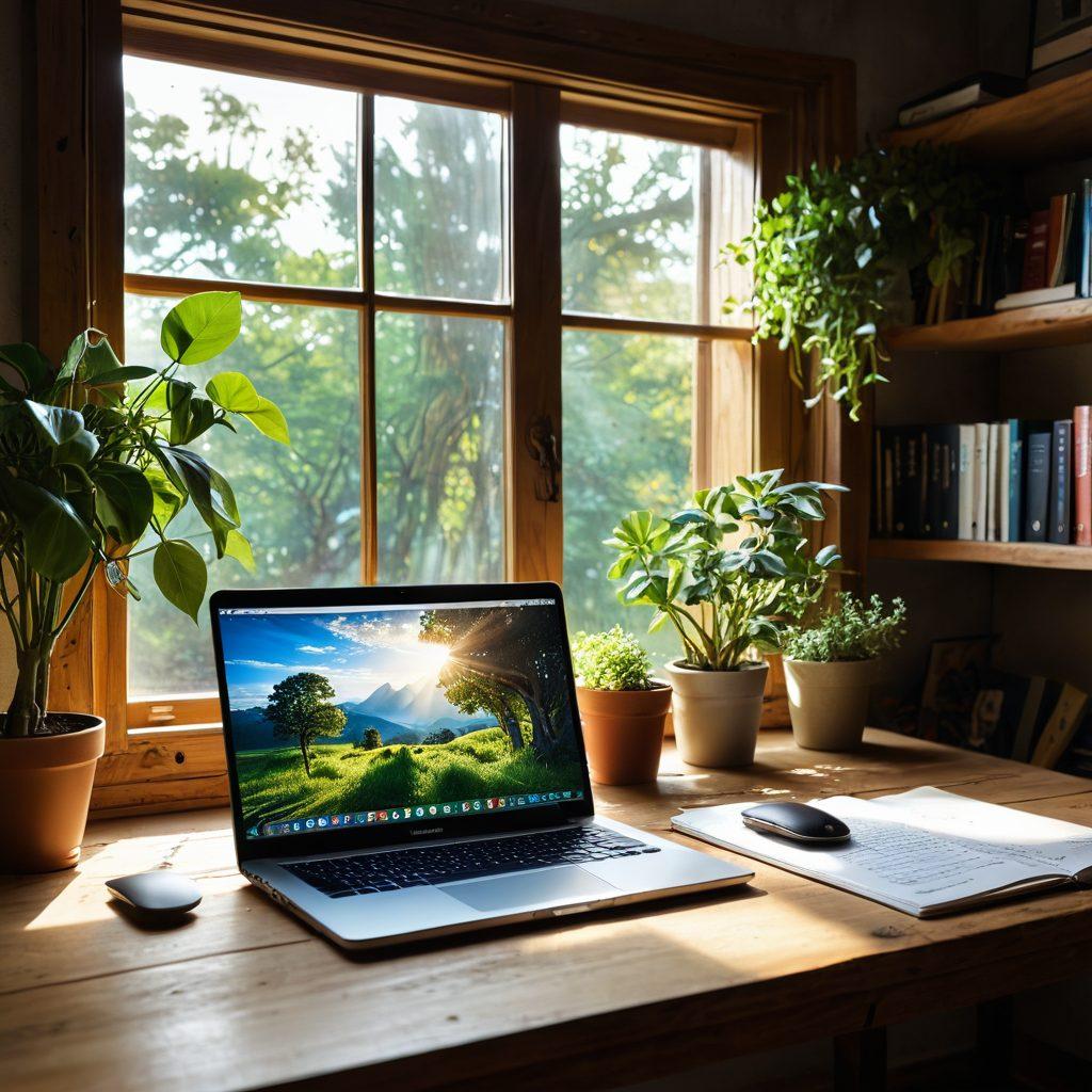 A cozy workspace featuring a laptop on a wooden desk, surrounded by plants and books, with a digital world map displayed on the screen. The atmosphere is warm and inviting, symbolizing creativity and growth in the digital realm. Overhead, floating icons representing different social media platforms seem to connect with lines, highlighting digital presence. Sunlight streams in through a window, enhancing the vibrant colors. super-realistic. bright and warm tones.